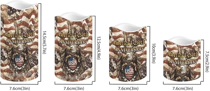 250th Anniversary Electric Candles American Flag Stars Pattern Flameless Candle Fourth of July LED Lights Flickering with Timer Decorations for Fireplace Living Room, 4 Pack