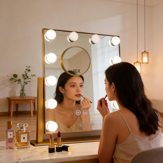 Makeup Vanity Mirror with Lights 17.12"x13.77" LED Makeup Mirror Detachable 10X Magnification, Hollywood Make Up Mirror with Lighting, Smart Touch, Rechargeable,360° Rotation, (Gold)
