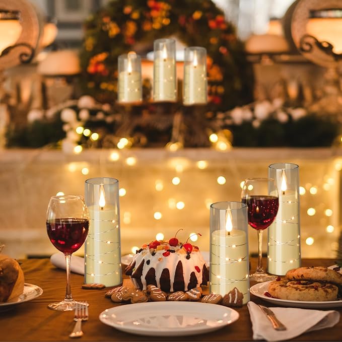 Wondise Flameless Flickering Candles with Embedded Star String Remote and Timer Battery Operated Flickering LED Candles Durable Acrylic Shell Pillar Candles for Christamas Home Decoration (7pack