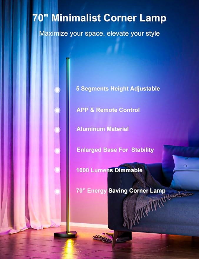 Corner Floor Lamp 70" 2 Pack, RGB IC LED Corner Lamp with APP and Remote Control, 16 Million Colors, Music Sync &Timing Function, Color Changing Ambient Light for Living Room, Bedroom, Gaming