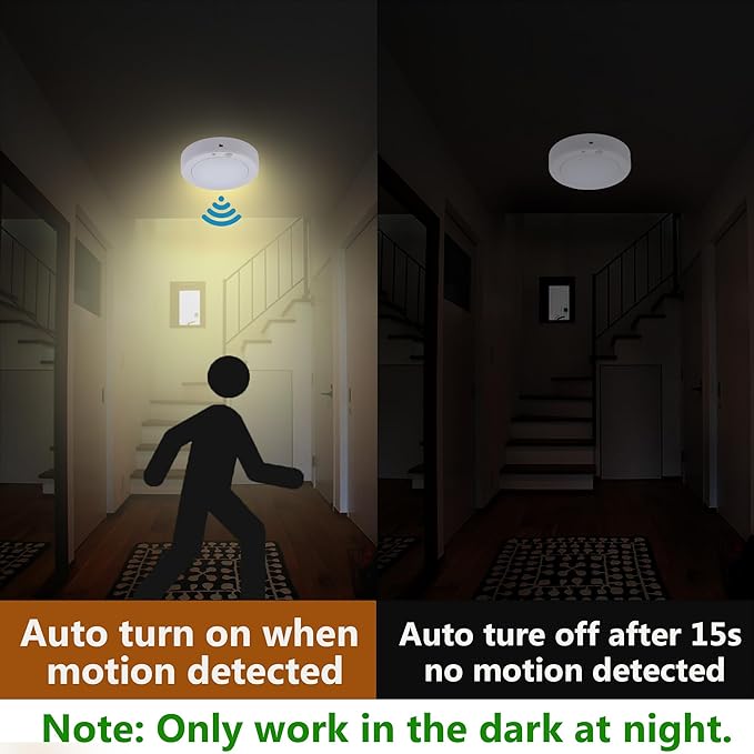 LIT-PaTH Battery Operated Motion Sensor LED Ceiling Light, 6.1inch Flush Mount Light Fixture 3000K, Wireless Nightlight for Closet Laundry Stair- Darkness Use Only, 4-Pack (Battery Not Included)