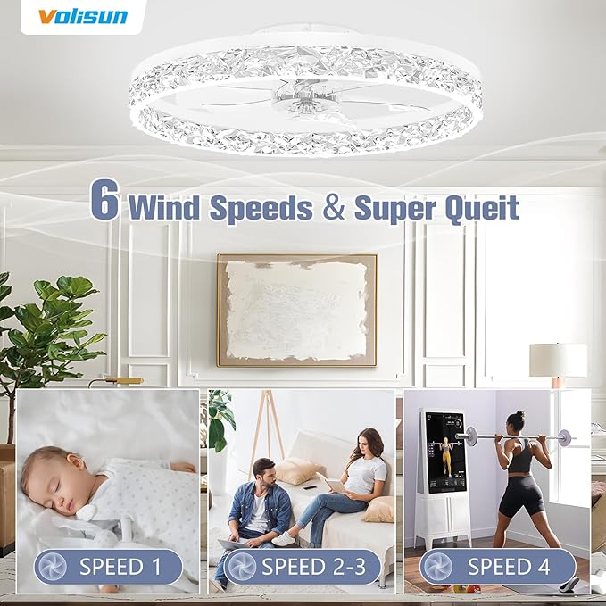 VOLISUN Fandelier Ceiling Fans with Light, 23.6in Low Profile Ceiling Fan with Light and Remote, 3000K-6500K Dimmable Bladeless Ceiling Fan Flush Mount, White Modern Ceiling Fan with Light for Bedroom
