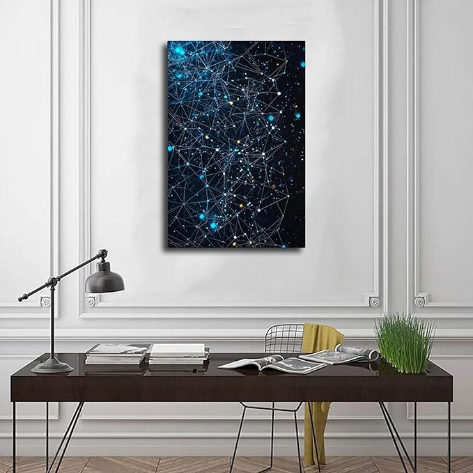 Modern Futuristic Abstract Tech Network Wall Art, Intricate Geometric Lines And Grids, Cool Blue And Neon Cyan Home Decor Canvas Poster Wall Art Bedroom Decor Office Room Kitchen Decor Gift 08x12inch