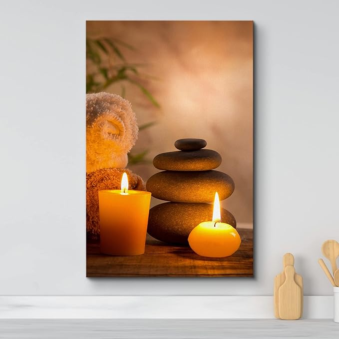 wall26 Canvas Print Wall Art Massage Stones with Atmospheric Candles Floral Nature Photography Realism Zen Scenic Relax/Calm Multicolor for Living Room, Bedroom, Bathroom, Office - 24"x36"