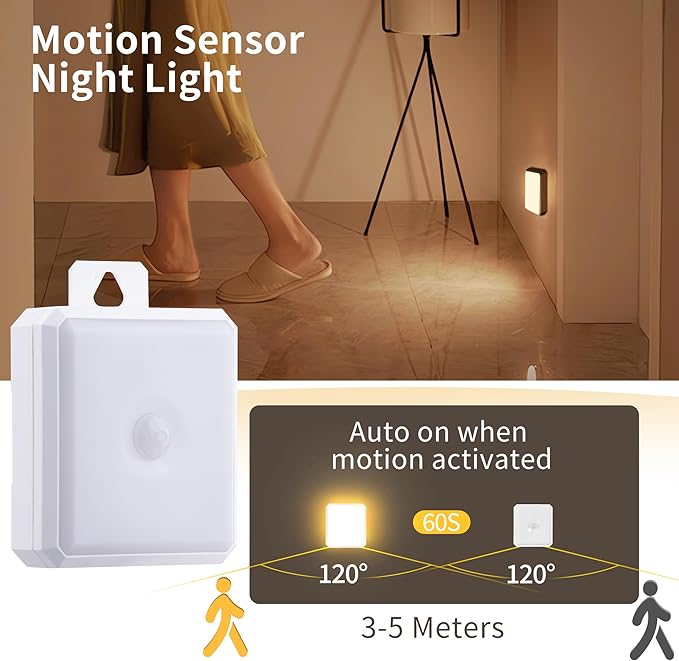 Motion Sensor Night Light Indoor - Cordless Battery Powered Under Cabinet Lighting, Stick-on Magnet LED Closet Lights, Safe Light for Stairs, 4000K Nightlight 3-Pack (White)