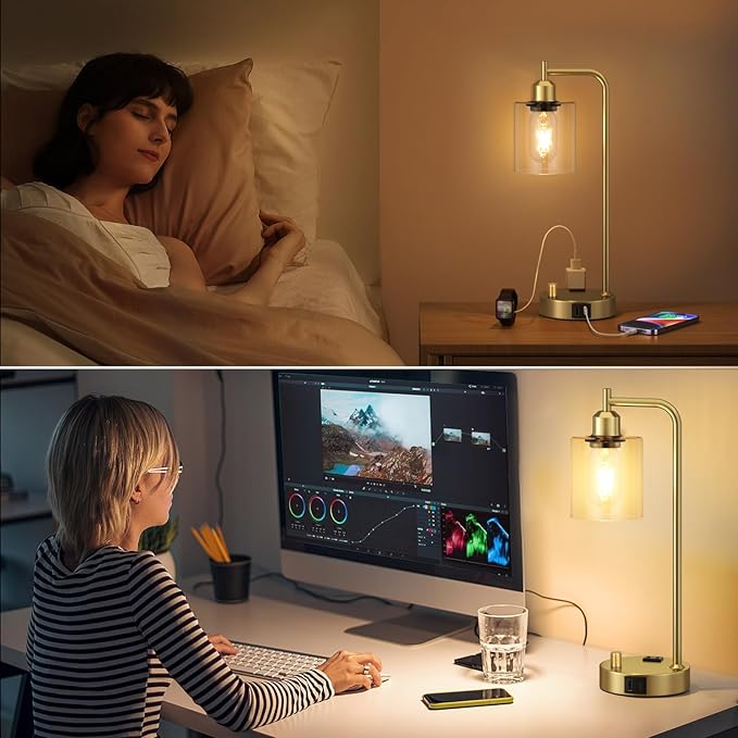 Innqoo Industrial Table Lamp for Bedroom Set of 2 - Fully Dimmable Bedside Lamps with USB Ports and Outlet, Gold Nightstand Lamps with Clear Glass Shade for Living Room, Desk Lamps for Office Reading