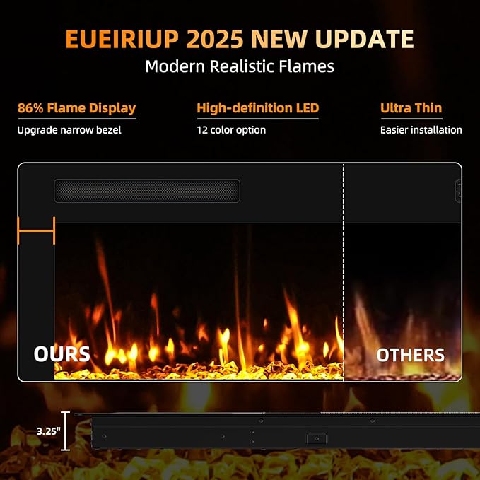 2025Upgraded 72” Recessed and Wall Mounted Electric Fireplace, Ultra Thin Narrow Beleze Fire Places with Remote Control, Screen Control,Adjustable Flame Colors and Speed
