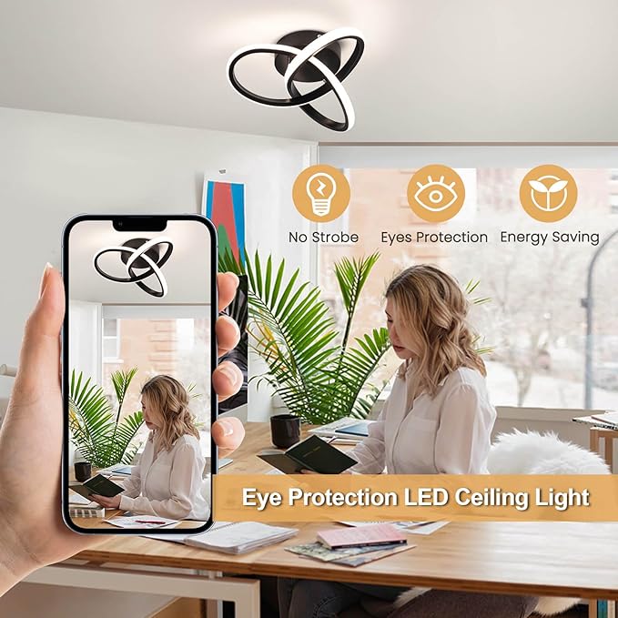 Modern Led Ceiling Light Fixtures,4500K Daylight White Black Semi Flush Mount Hallway Ceiling Light for Bedroom Bathroom Kitchen Balcony Laundry Room Stair Ceiling Lamp Curved Design (Black, 4500K)