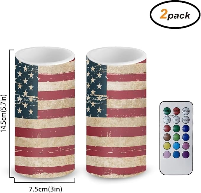American Flag Flameless Candles 2 Pack 6 x 3 inch Battery Operated Candles with Multicolor Timer Remote Control LED Fake Candles for Warm Light Dinner Table Home Decor Gifts for Veterans