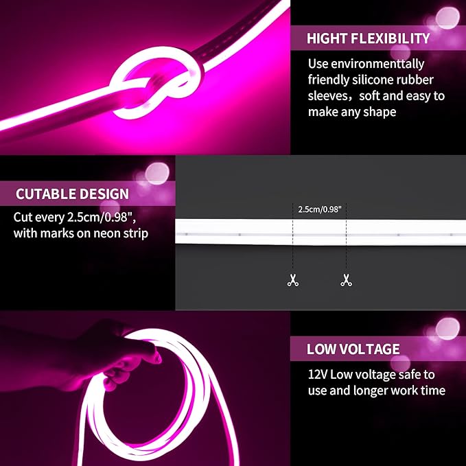 Neon LED Strip Lights Pink 16.4FT/5M 12V DC Waterproof Flexible LED NEON Light for Indoors Outdoors Decorm (No Adapter, Pink)