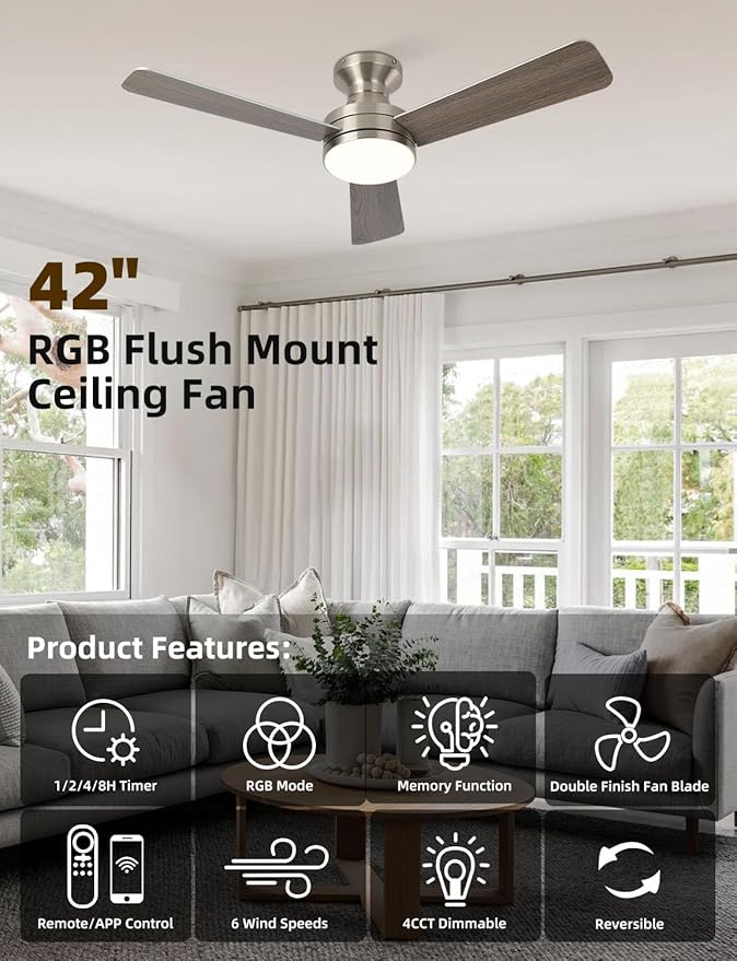 42" RGB Ceiling Fan with Light, Music Sync Smart Fan with Alexa/Google/App Control, Low Profile Flush Mount, 6-Speed Quiet DC Motor, 4 CCT Dimmable Lighting for Bedroom Living Room