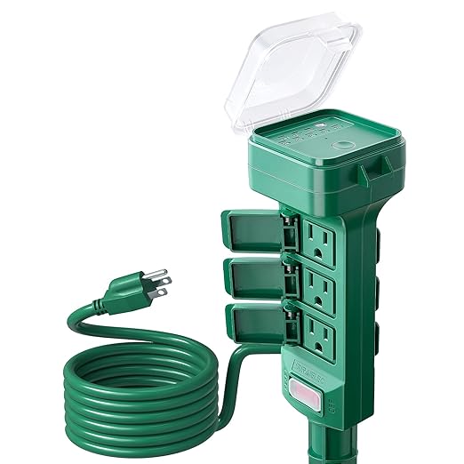 SURAIELEC Outdoor Power Stake Timer, Dusk to Dawn Light, 6 Grounded Outlets Power Strip Weatherproof, 6FT Extension Cord Countdown Outlet for Yard, Garden, Christmas, Outdoor Light, 1875W/15A, Green