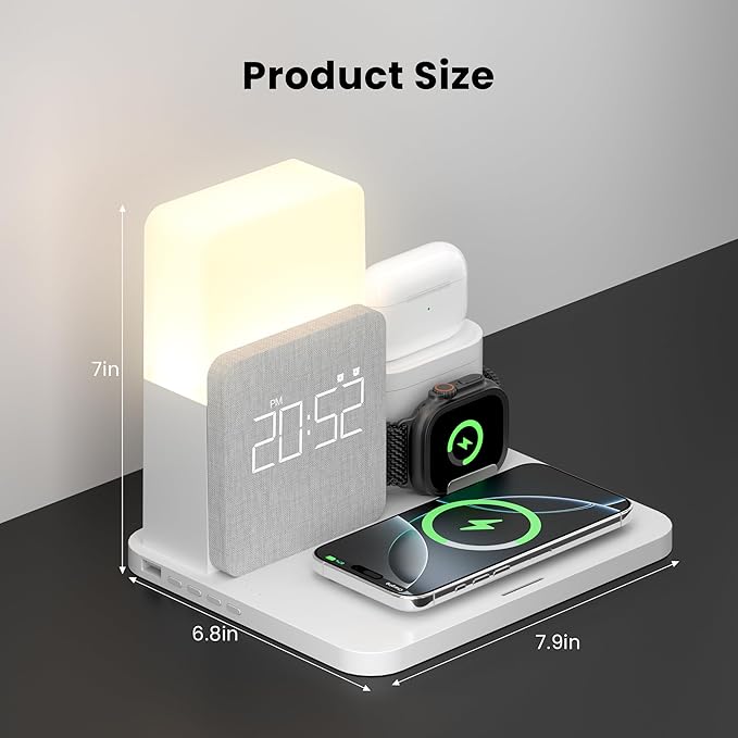 Wireless Charging Station, iPhone 3 in 1 Fast 15W Wireless Charger with Alarm Clock and Night Light, Charging Dock for iPhone 12/13/14/15/16/17 Pro/Pro Max, Samsung, AirPods