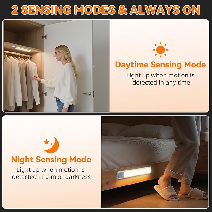 Under Cabinet Lighting Wireless, 15inch Rechargeable Motion Sensor Light Indoor, 3 Color Closet Light Battery Operated with LED Power Display, Magnetic Under Counter Lights for Kitchen, Home (6Pack)