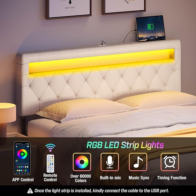 GREENSTELL Headboard for Full Size Bed with 60,000 DIY Color of LED Light, USB & Type C Post, Attach Frame, Height Adjustable, White Leather Wall Mounted Head Boards Only, Sturdy & Stable, Full