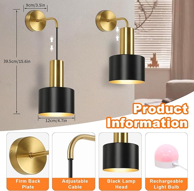 VerRon Rechargeable Battery Operated Wall Sconce Set of Two, Black & Gold Wireless Battery Powered Lights with Dimmable Detachable Bulbs & Remote, Modern Sconces Wall Decor for Bedroom Living Room