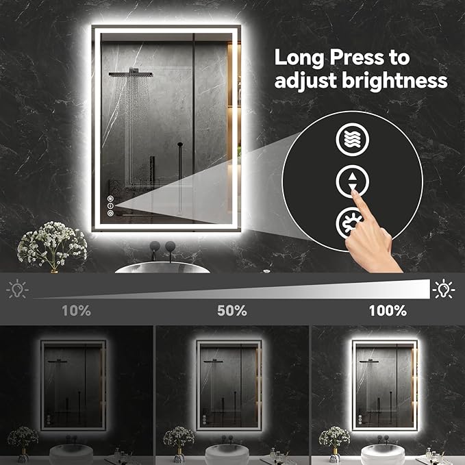 LED Bathroom Mirror 28x36 Inch Anti-Fog Bathroom Mirror with Lights, Wall Mounted Lighted Vanity Mirrors, Dimmable, Backlit + Front Lit, Smart Bathroom Vanity Mirror with 3 Colors Temperature