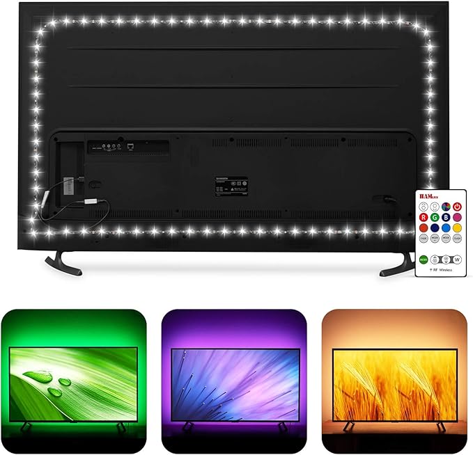 HAMLITE TV LED Backlight USB Powered, 6500K White PC Monitor Bias Lighting for 60-65inch TVs, 14.8Ft RGBW Led Light with RF Remote, 20 Color Changing LED Background Room Decor