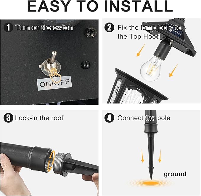 LED Solar Post Lights, Outdoor Waterproof Solar Pathway Lights Exterior Auto On/Off Garden Pole Stake Lighting Outside Dusk to Dawn Lamp for Lawn Path Walkway, Ground Plug, Remote Control