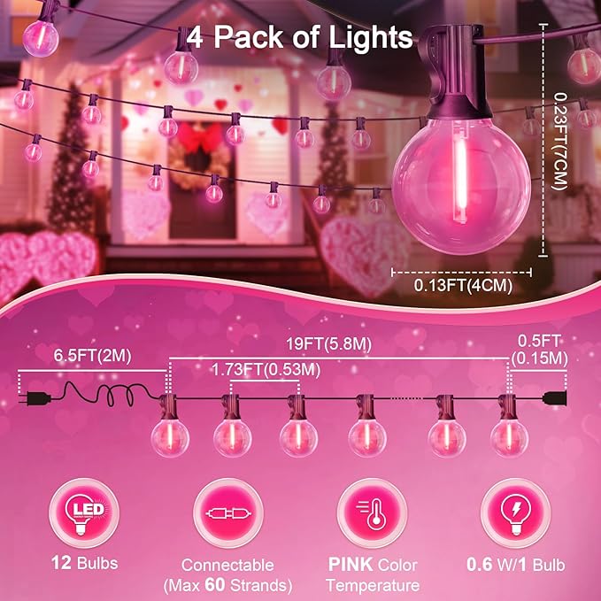 LAMPHOME 4 Pack 26FT Pink G40 LED Outdoor String Lights, Valentine's Day Decor with 13 Shatterproof Globe Bulbs, Waterproof Hanging Patio Lights or Balcony Backyard Garden Wedding Party Home Decor