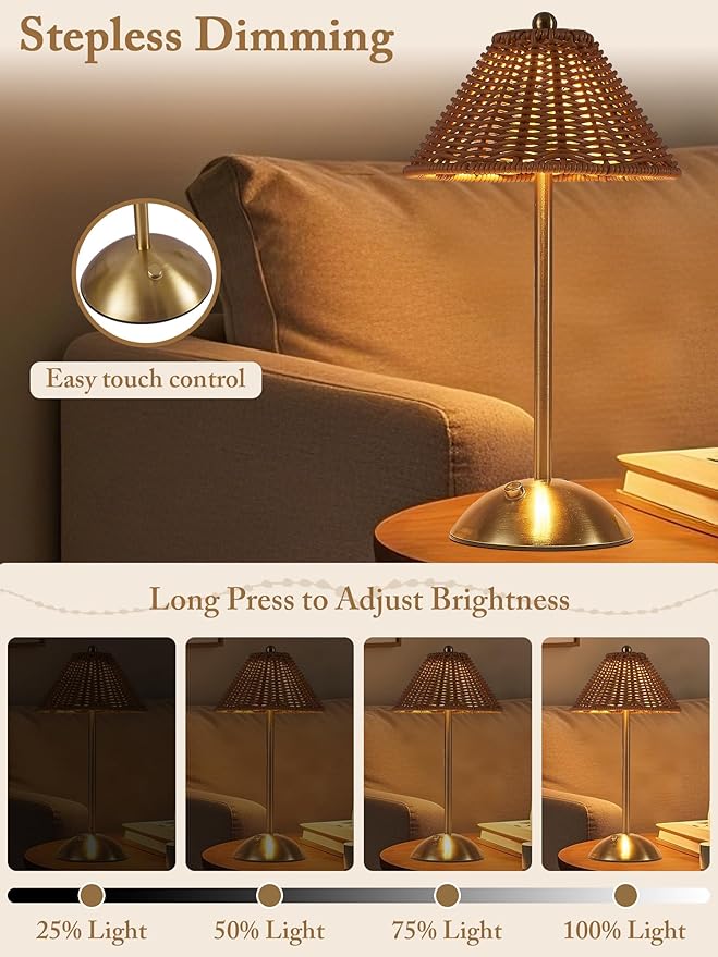 2 Pack Boho Rattan Table Lamp,Wicker Night Light,LED Rechargeable Reading Lights,3 Color Touch Control Dimmable Bedside Lamps Living Room Bedroom Office Lighting Home Outdoor Decor