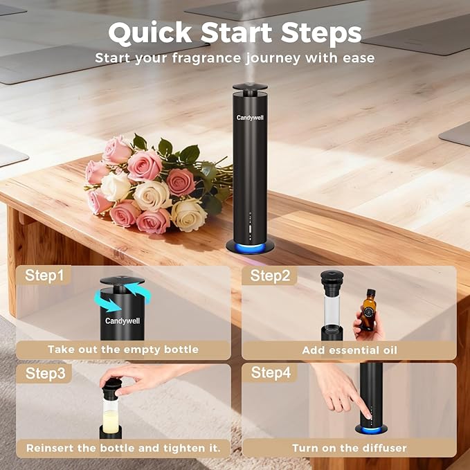 Waterless Scent Diffuser, Essential Oil Diffuser Machine - Cold Air Diffusion Tech for 1500 Sq Ft Large Room, Home, Office, Hotel & Spa, Starter Kit Includes 1 Scent Oil & Remote Control & APP