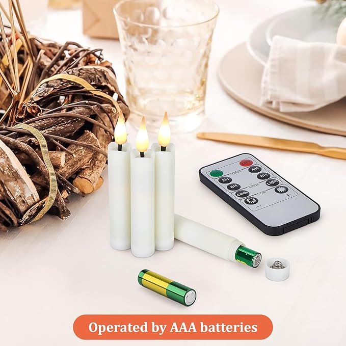 IMAGE 12Pcs LED Taper Candles Light Set Flameless 3D Wick Ivory Candles with Clip-on Christmas Tree Design, 10-Key Remote with Timer, Warm White Light, Battery Operated for Versatile Decoration