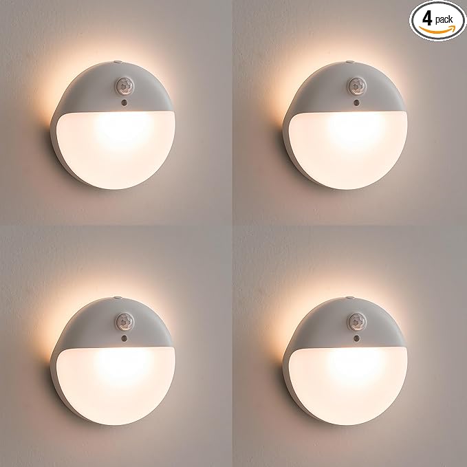 4 Pack Stair Lights Indoor, 2.6" Small Stick on Lights, Dimmable Motion Sensor Night Light, 3 Light Modes, Portable Battery Night Light for Corners, Cabinet, Toilet, Bedroom, Kids, Warm White