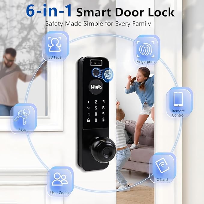 UMIKSMART Video Smart Door Lock with Camera, 3D Face Recognition & Fingerprint, WiFi Keyless Entry Deadbolt with Doorbell, Digital Keypad, Tuya App Control for Home Apartment, Black