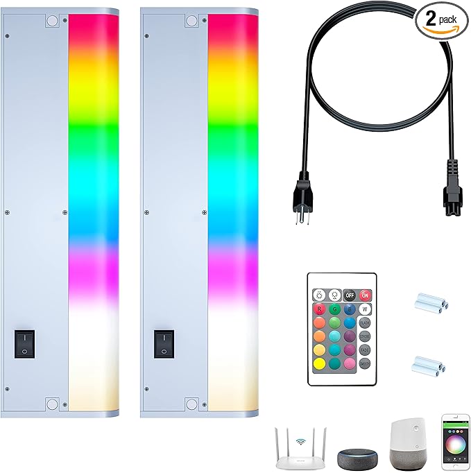 Smart Under Cabinet Lights for Kitchen Counter or Closet Lighting, Hardwired or Plug in, 2700-6500K Adjustable RGB Color Changing,Compatible with Alexa, Google 2-Pack (2-Bar 18 Inch)
