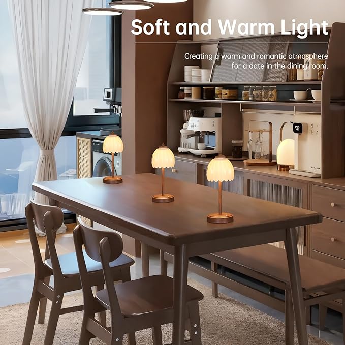 Tulip Table Lamp with 5200mAh Battery & Touch Control, Small Cordless Table Lamp with 3 Colors, Rechargeable Battery Operated Table Lamps for Bedroom, Desk, Bedside (White-Walnut Color)