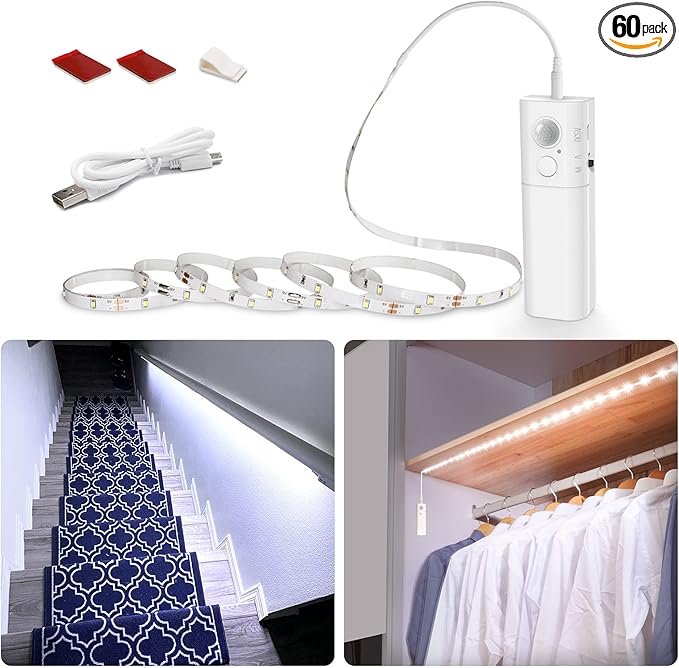 WOBANE LED Closet Light Motion Activated, Battery Powered LED Strip, Stick-on Anywhere Homelife Motion Sensor LED Lighting, Rechargeable Night Light for Closet Hallway Stairway 6.56ft, 6000K White