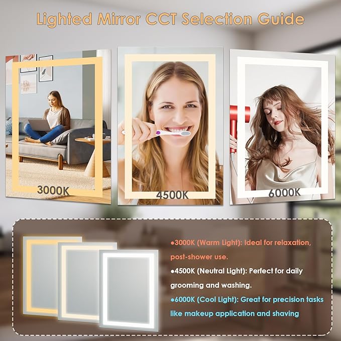 16×24 inches LED Bathroom Mirror, Bathroom Vanity Mirror with Lights for Wall, Wall Mounted Vanity for Bathroom Makeup, Stepless Dimmable&Colors, Anti-Fog, Memory Function, Waterproof