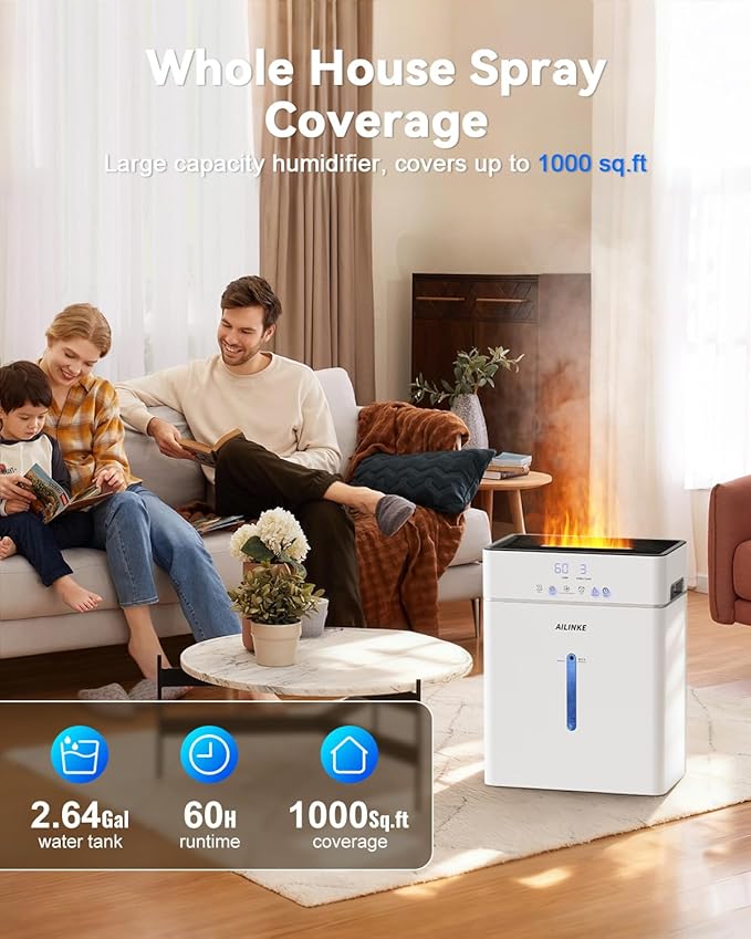 Humidifiers for Bedroom Large Room 10L/2.64Gal, Warm and Cool Mist Humidifier Large Room, Simulated Flame Humidifier Light, 12H Timer, 3 Speed, Top Fill, 1000sq.ft for Baby/Plant/Office