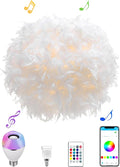 Feather Lamp Shade with Smart RGB Light Bulb, Built-in Bluetooth Speaker, Remote & APP Control, Fluffy Girl Room Decor, 600 Lumens, 19.7inches, White