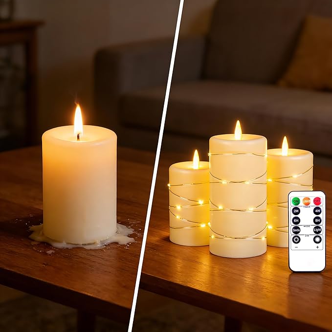 Flickering flameless Candles, Battery-Powered, with String Lights, Remote Control, Timer, Realistic Plastic Pillar Candles, Ivory White, Set of 3, Durable.