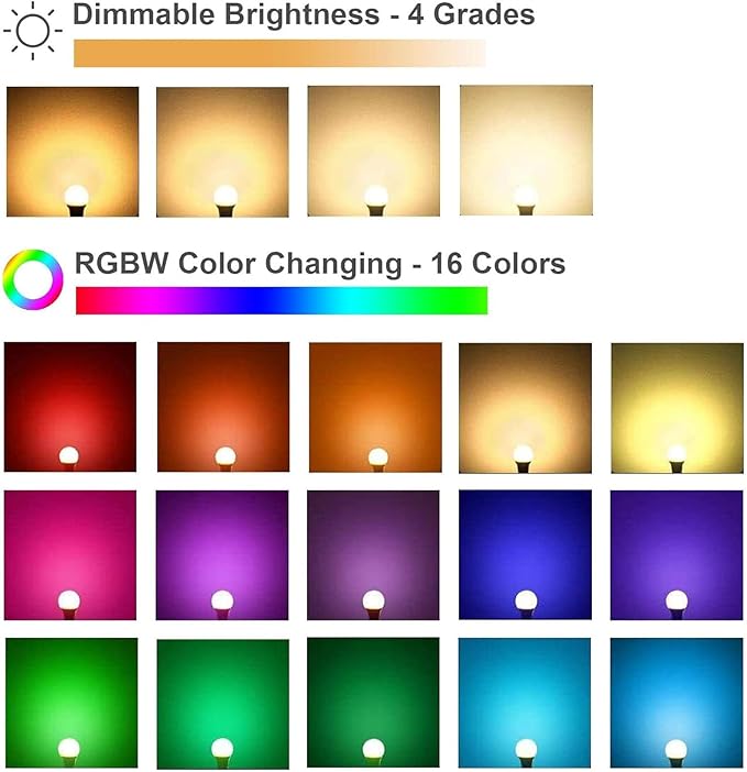 4 Pack RGB Color Changing Light Bulbs with Remote,RGBW LED Light Bulbs,9W Warm White 6500K,16 Color Multicolor A19 E27 Dimmable Memory Function,for Home Decoration,Stage,Bar,Party