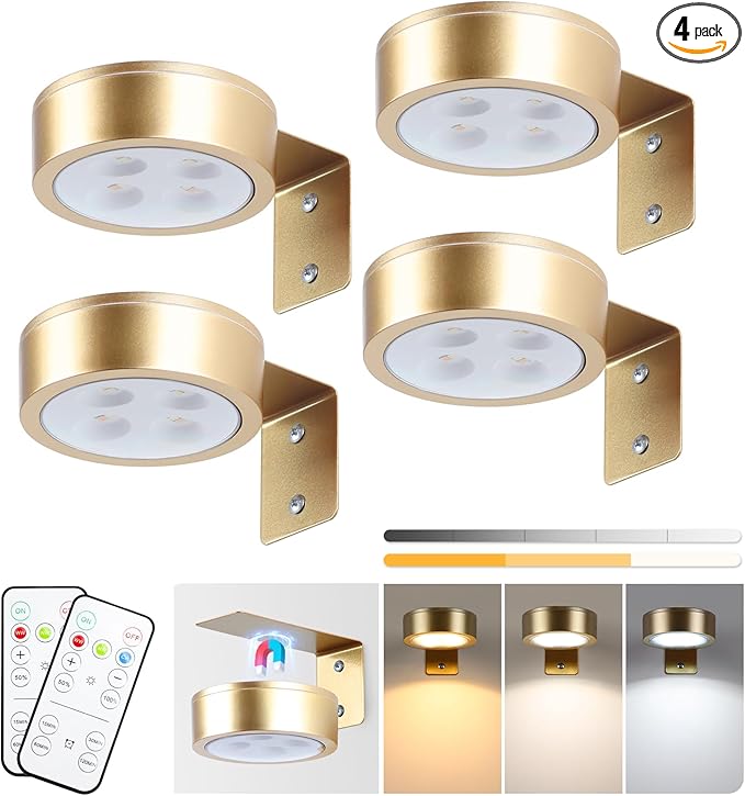 4-Pack Picture Light Battery Operated Painting Lights for Wall, Magnetic LED Display Art Light with Remote, Dimmable and Timer Portrait Light for Art Frame Artworking, Wall Decor Puck Light