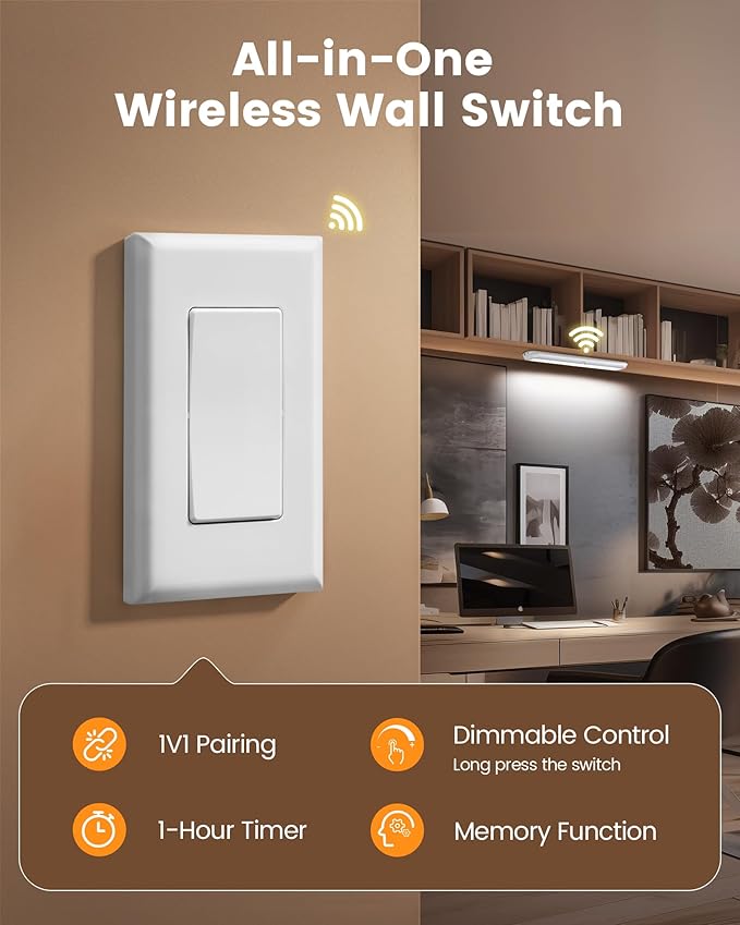 SURAIELEC Rechargeable Under Cabinet Light with Wall Switch, 3500mAh Under Counter Lighting, Wall Switch Remote or Motion Sensor, 6500K 150LM, Magnetic Led Light Bar for Kitchen, Closet, Shelf,1-Pack