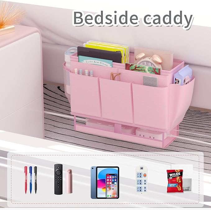 Bedside Caddy Bedside Organizer,Bed Caddy with 11 Pockets and Power Strip Holder,Versatile Bedside Storage Caddy for Home,Dorm,Bunk,Hospital,Crib Bed (Pink)