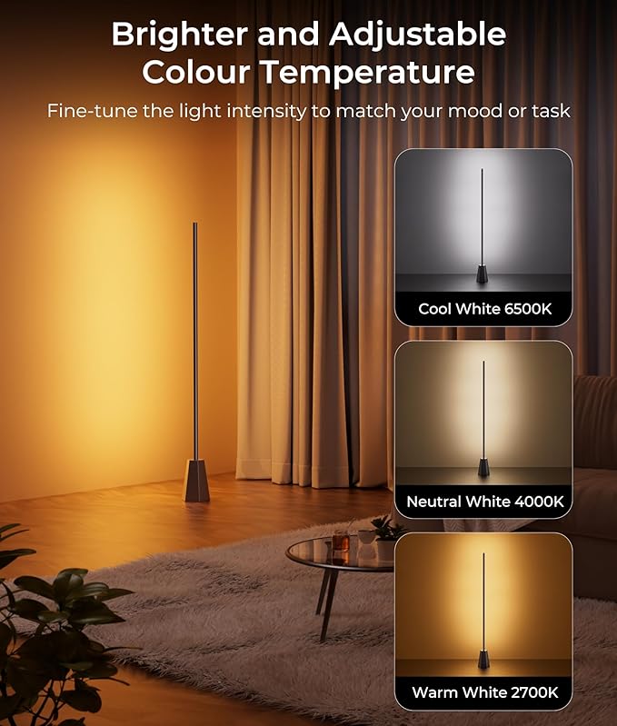 RGBCW Corner Floor Lamp, Smart Floor Lamp pro, Upgraded 1500lm, 16 Million Colors, Music Sync,2700-6500K, LED Corner Lamp with Alexa & Google Compatible, Led Floor Lamps for Living Room Bedroom Gaming