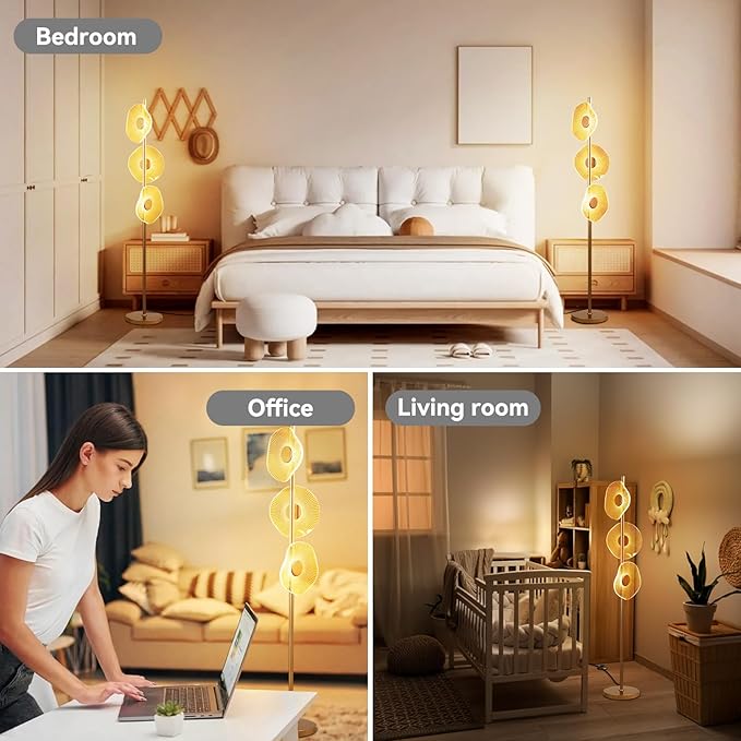 LED Dimmable Floor Lamp with Remote & Foot Switch, 2700–6000K Adjustable Color Temperature & Stepless Dimming, Sculptural Leaf-Disc Tall Standing Lamp, Brass Gold Corner Lamp for Living Room Bedroom