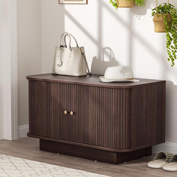 31.5" W Sliding Door Shoe Storage Bench, Small Entryway Shoe Cabinet with Adjustable Shelf, Space-Saving Wooden Low Cabinet for Hallway, Living Room, Apartment, Dorm, Walnut