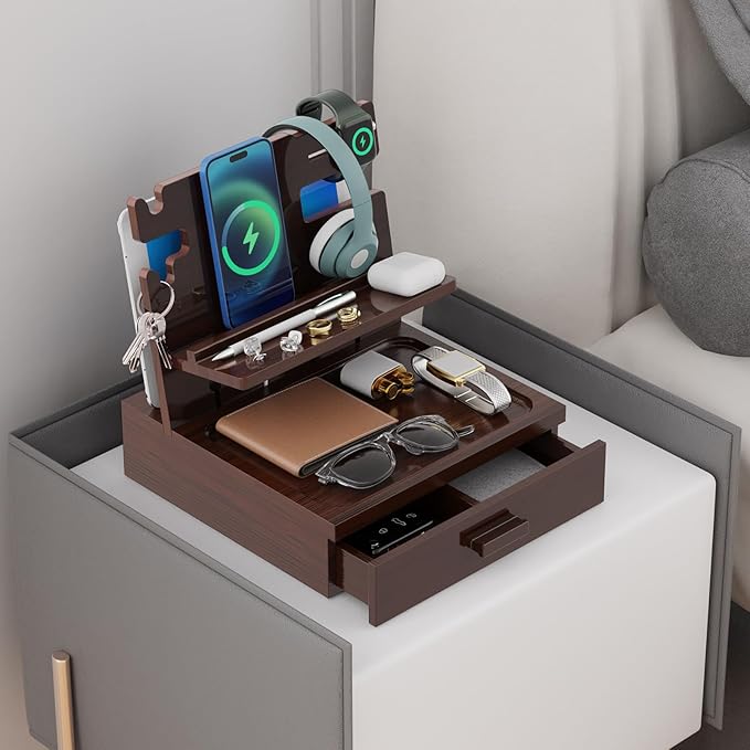 Nightstand Organizer for Men with Drawer Wood Docking Station with USB Ports and AC Outlets, Gifts for Men, Holds Phone, Tablet, Keys, Glasses, Earphones Etc（Brown）