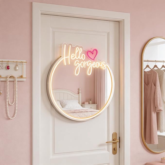 Hello Kit Mirror with Light Neon Signs for Room Decor, USB Powered Cute Cat LED Lights, Teen Girl Best Gift, Makeup Mirror Neon Sign Wall Decor (Yellow)