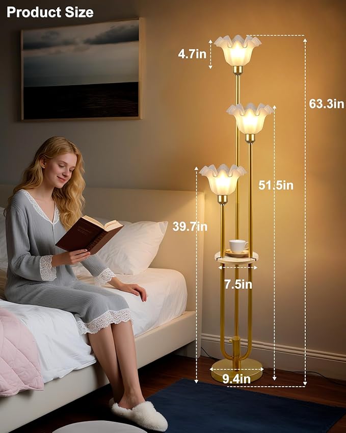 Lightdot Flower Floor Lamp for Living Room, Dimmable Vintage Floor Lamp with Shelf &Bulbs Included, 3 Light 3000K Gold Mid Century Standing Lamp, Floral Tall Lamp for Bedroom/Sofa Beside/Corner Decor