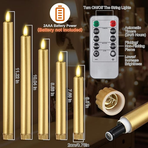 10 Pcs Flameless Taper Candles with Remote Battery Operated Taper Candles Include 6.5'' 7.7" 8.9" 10" 11.2" Fake LED Electric Candle Sticks for Valentine's Day Home Wedding Decor (Gold)