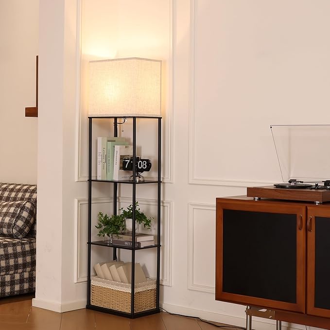 Floor Lamp with Shelves, Large Size Rectangle Standing Lamp with 3 Color Temperature Bulb, Corner Display Bookshelf Lamp for Living Room, Bedroom and Office (Black-9)
