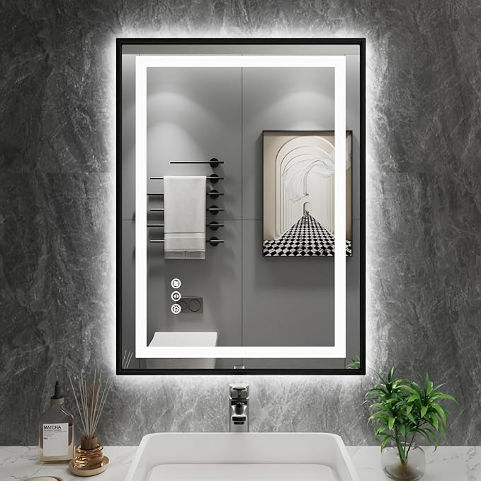Amorho 20"x 28" LED Bathroom Mirror with Black Frame, Front Light and Backlit, Stepless Dimmable, Anti-Fog, Shatter-Proof, Memory, 3 Colors, Double LED Vanity Mirror