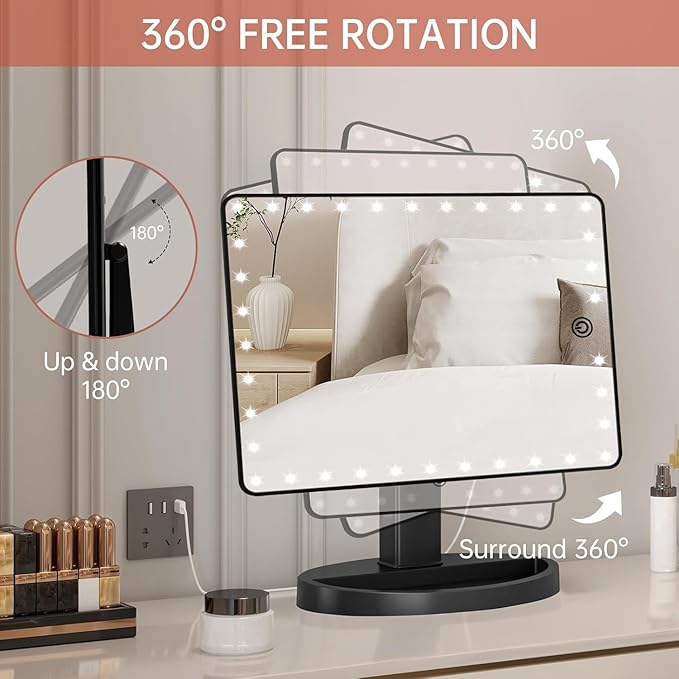 FUNTOUCH Large Lighted Makeup Mirror with Lights, Light Up Mirror with Small 10x Magnification for Desk, 360°Rotation Touch Screen,Brightness Adjustable Tabletop Cosmetic Vanity Make Up Mirror